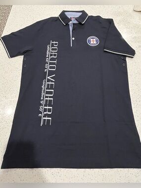Men’s Porto Venere Italia Navy Blue Nautical Short Sleeve Polo Size L